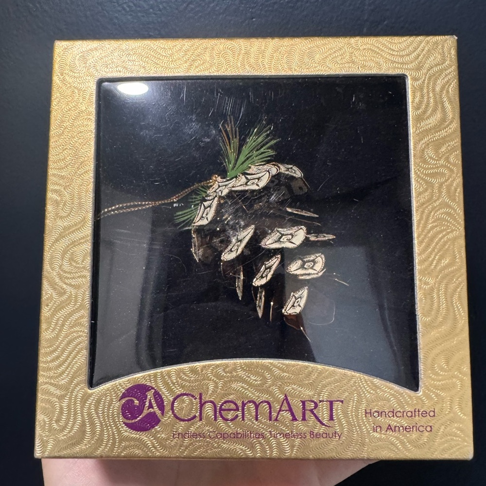 ChemArt Gold Pine Cone Christmas Ornament Handcrafted in America w/ Original Box